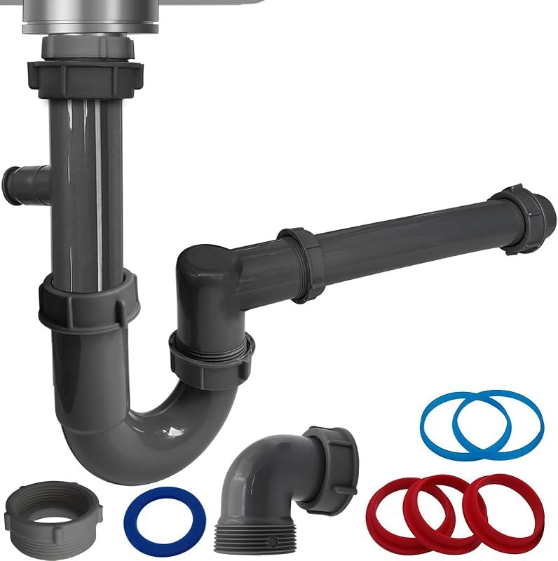 1-1/2" Sink Drain Trap Plumbing Kit for Kitchen, J-Bend for P-Trap Replacement, Tube Drain Tailpiece Connect To Wall