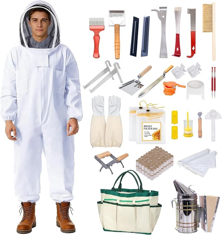 POLLIBEE 35Pcs Beekeeping Supplies Starter Kit with Bee Suit,Smoker & Frame Holder, Bee Hive Tools Set with Oxford Bag