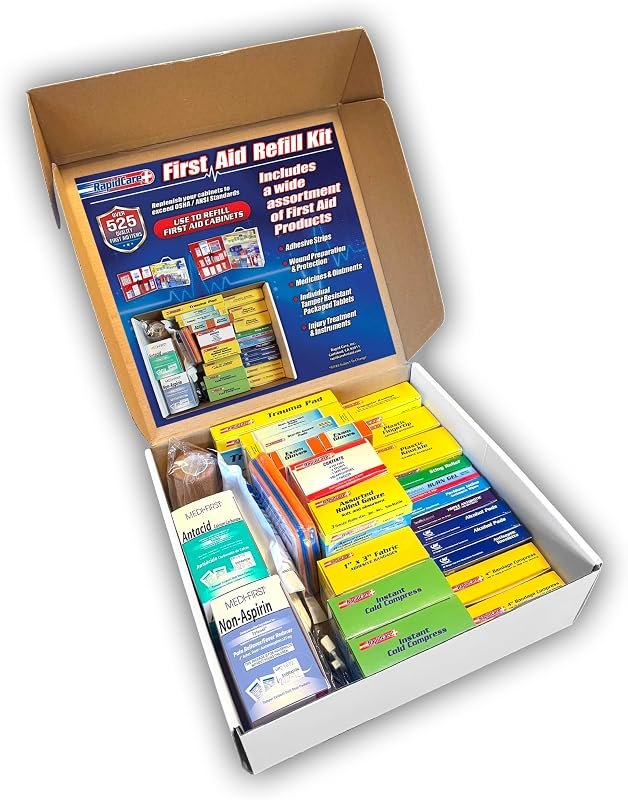 Rapid Care 3-Shelf First Aid Refill Kit - 525 Piece OSHA & ANSI Compliant Refill for First Aid Cabinets, Serves 75+