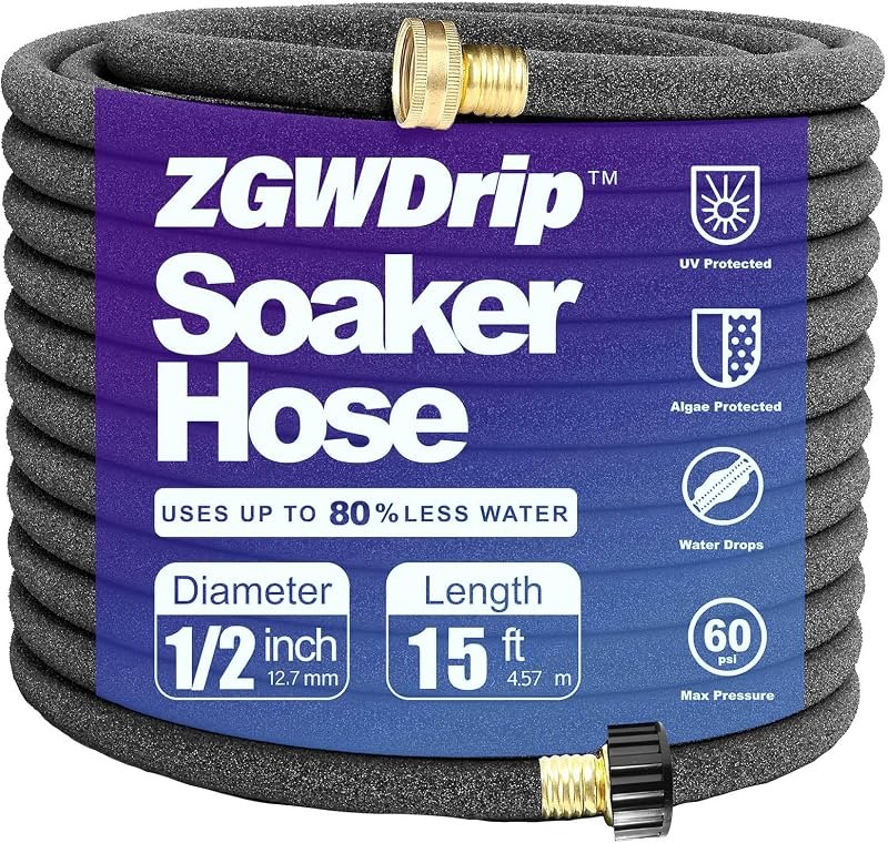 15FT 1/2" Water-Saving Soaker Hose with Solid Brass Connectors, Drip Irrigation Kit for Lawn & Yard — soaker hose