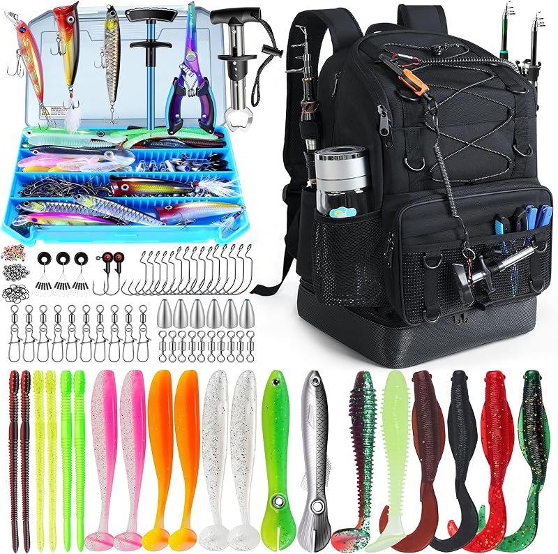 Fishing Backpack with Tackle Boxes and Rod Holder, Cooler, 30L Large Tackle Bag with Fishing Gear Lures Kit
