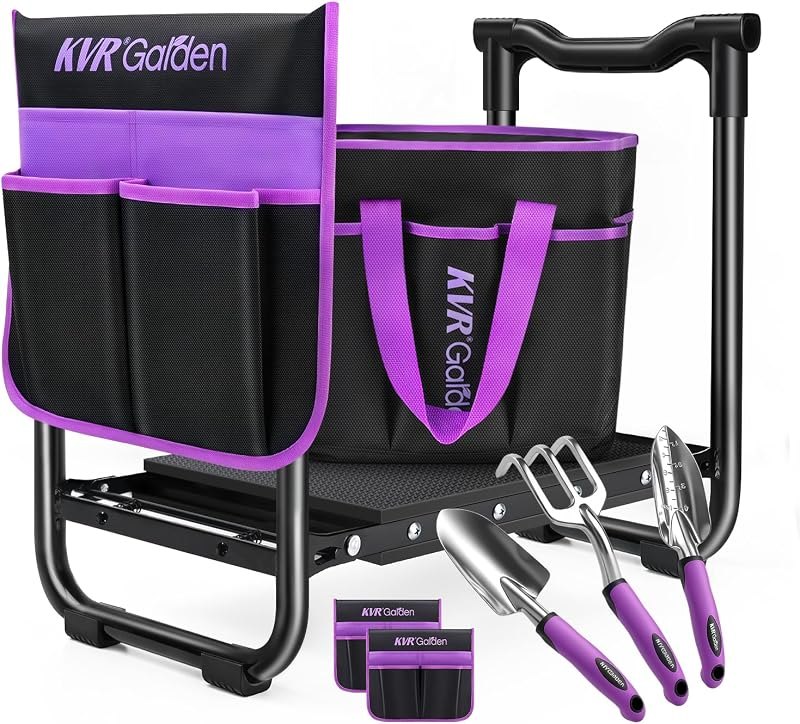 Garden Stool & Kneeler 7-Piece Set with 3 Aluminum Tools, Double-Layer Tote Bag & 2 Side Pouches - Foldable Gardening