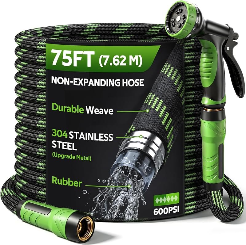 NON-EXPANDABLE Garden Hose 75 FT Water Hose with 10-Function Spray Nozzle — soaker hose no leak for soaker hose