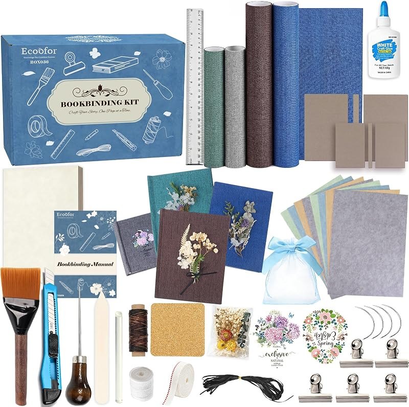 Bookbinding Kit for Beginners, 167 PCS 4 Pack Book Making Kit with A5 Paper, Book Cloth, Awl & Tools, Pressed Flowers