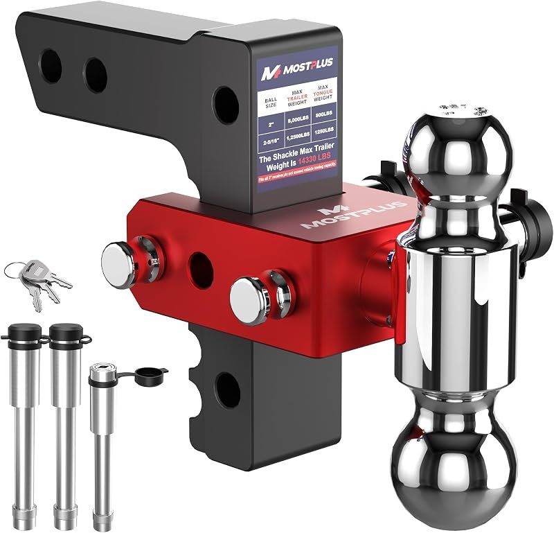 MOSTPLUS Aluminum Adjustable Trailer Hitch, 2" Receiver, 6" Drop/Rise, Dual Ball Mount with 2" & 2-5/16" Balls, 12,500