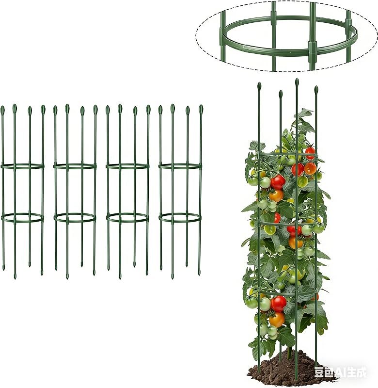 Round Heavy Duty Tomato Cage - 55 Inch Steel Core Plastic Coated Garden Trellis, 4-Post Rustproof Plant Support for