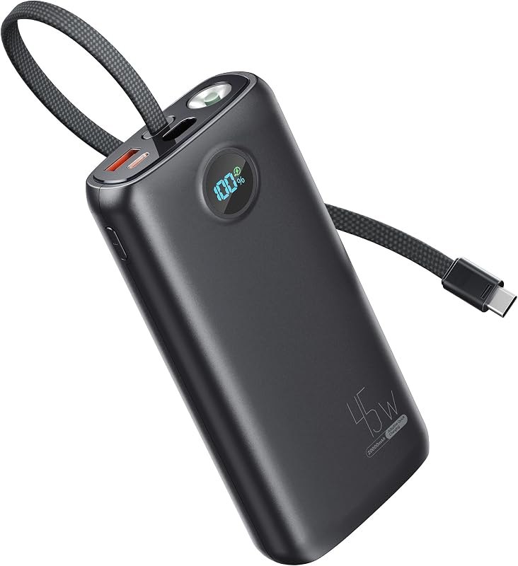 Portable Charger 20000mAh 45W, Built in USB C Cable, 3W Flashlight — power bank for best Samsung Galaxy S25 Ultra