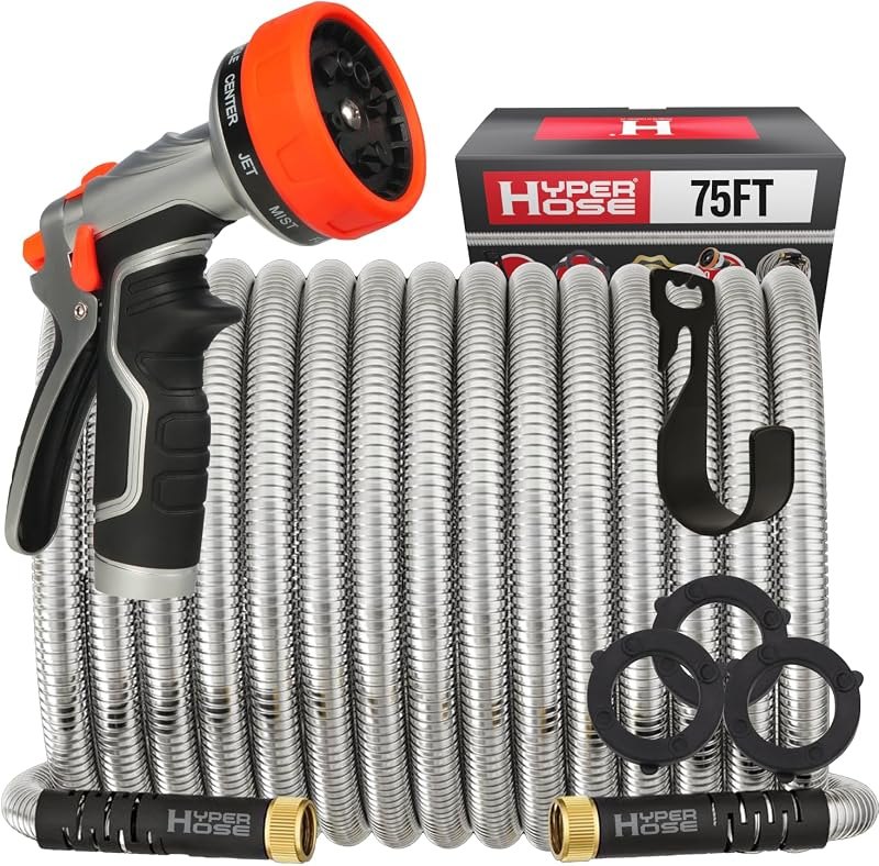 Best 75 ft Metal Garden Hose Set - No-Kink Durable 316 Stainless Steel, 10-Way Zync Spray Nozzle & Hook — metal hose