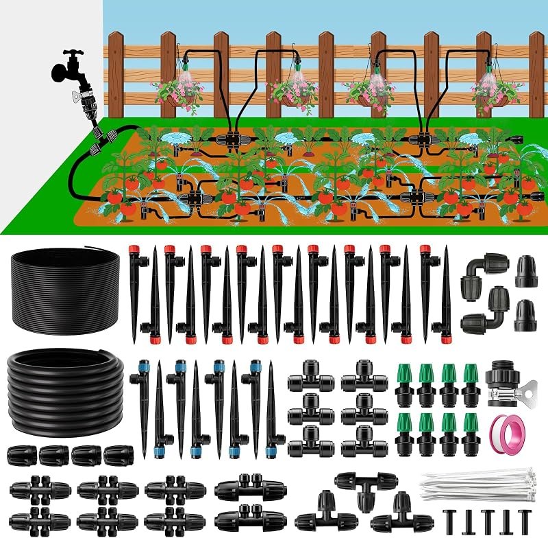 LP 240FT Drip Irrigation System Kit, Garden Watering Misting System - 40FT 1/2" Main Tube & 200FT 1/4" Distribution