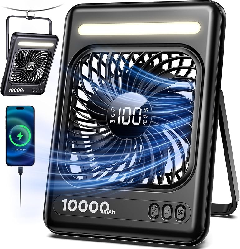 10000mAh Portable Travel Fan, 5 Speeds Strong Wind Cruise Fan with LED Lantern, 24H Runtime Personal Rechargeable Fan