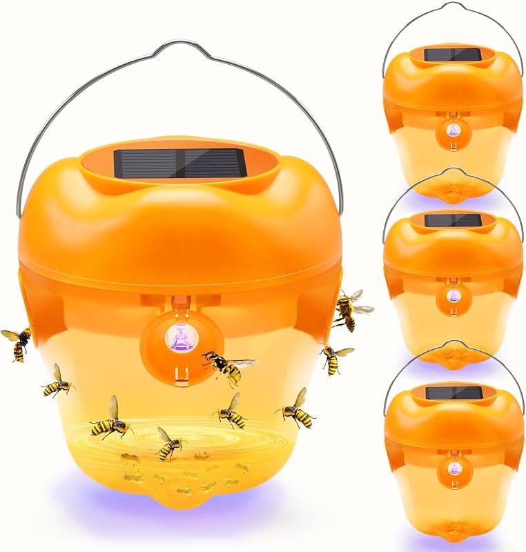 Wasp Trap, Solar Wasp Traps Hanging, Reusable Yellow Jacket Trap with LED Light, Bee Hornet Traps for Outside Orchard