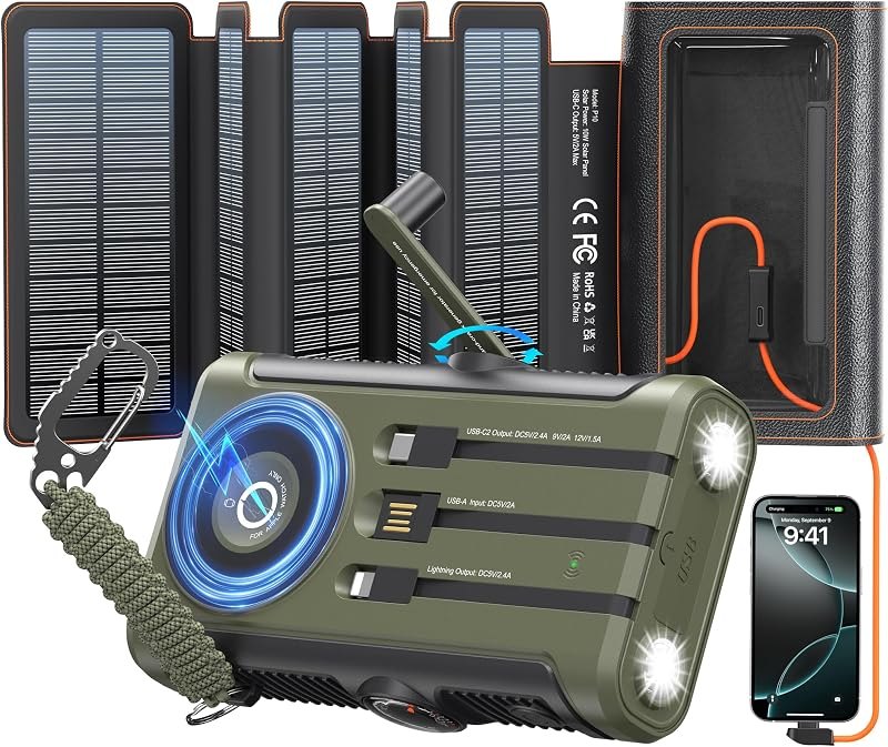 Solar Charger Power Bank Pack: 20000mAh Wireless Portable Charger with 10W Foldable 5 Panels Storage Bag,Hand Crank