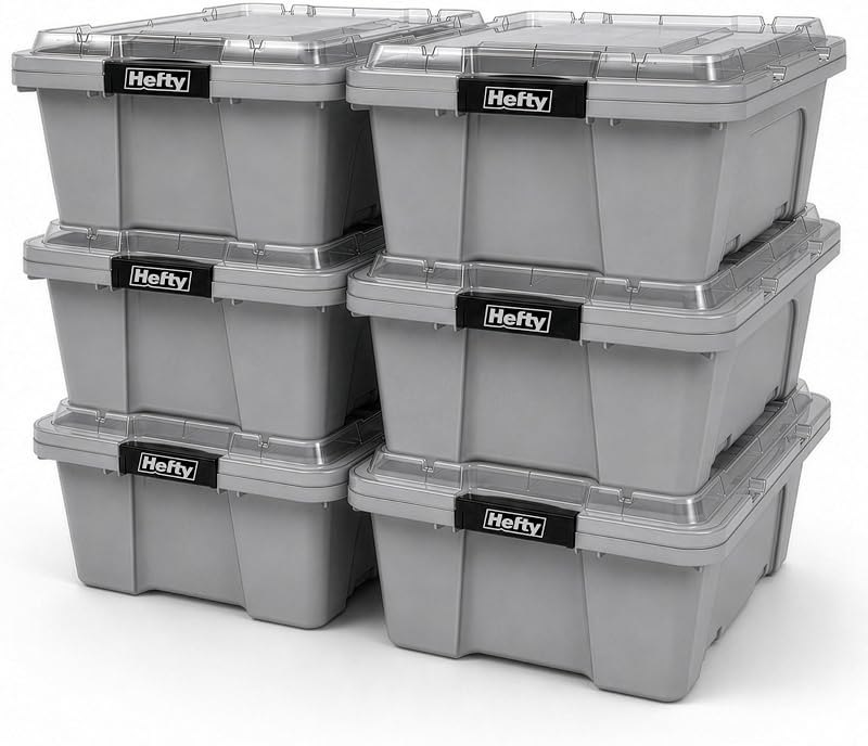 Hefty 12 Gallon Storage Bin with Clear Lid, Heavy Duty Plastic Storage Container Stackable Tote for Garage Closet Home