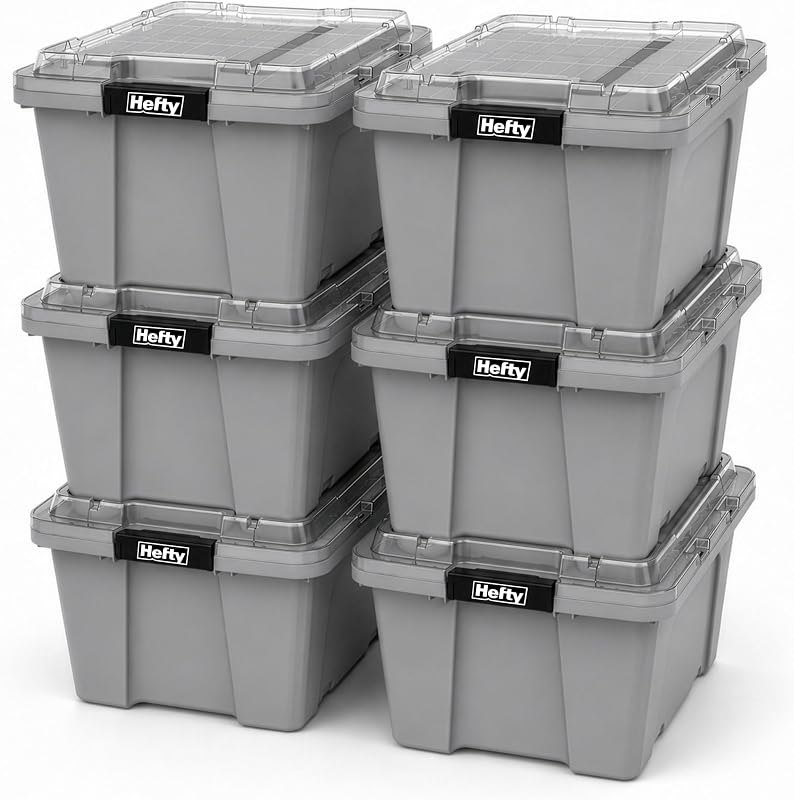 Hefty 18 Gallon Storage Bin with Clear Lid, Heavy Duty Plastic Storage Container Stackable Tote for Garage Closet Home