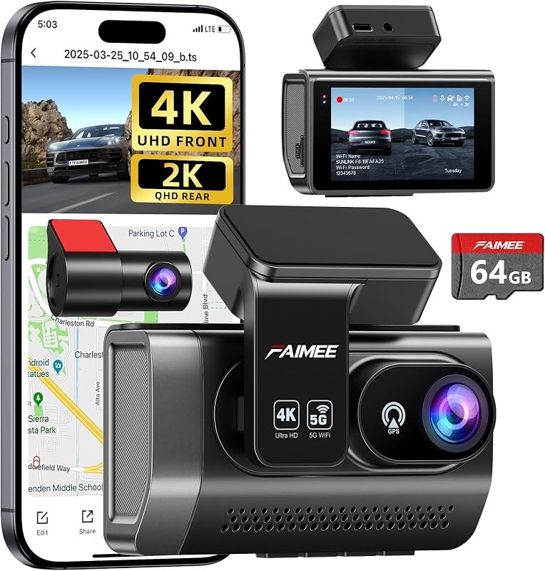 FAIMEE 4K Dash Cam Front and Rear, Night Vision, WDR, Free Card Included — rear cam for best dash cam best rated