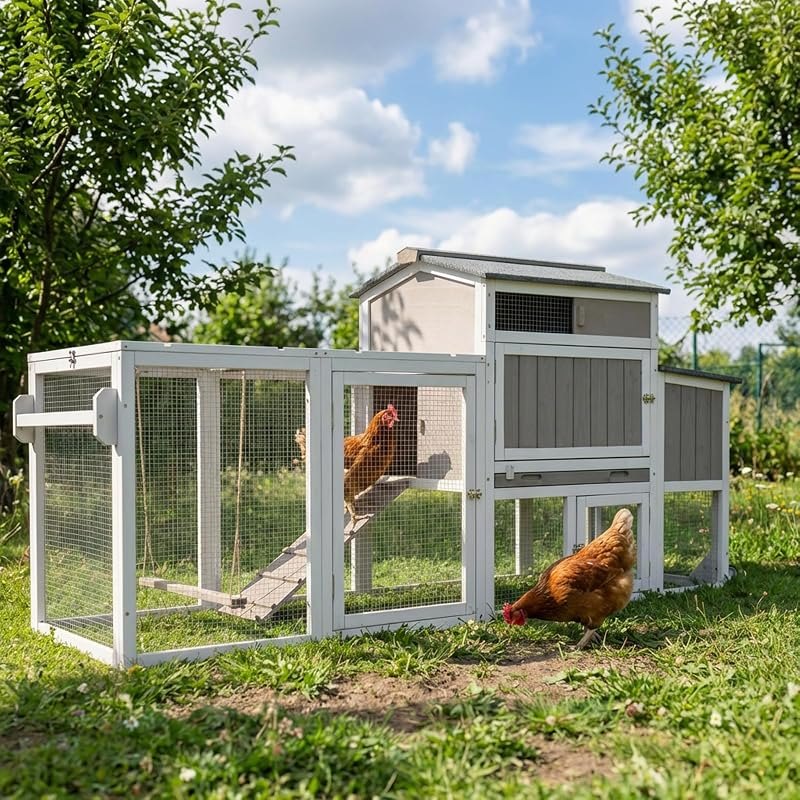 PetsCosset Chicken Coop with Wheels, Weatherproof Large Hen House Mobile Chicken Tractor with Nesting Box, Roosting