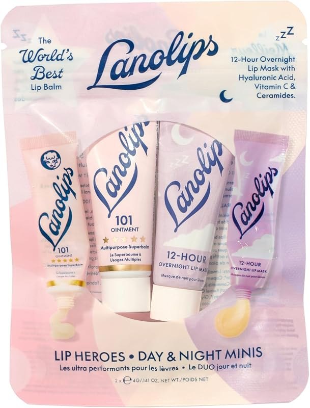 Lanolips 101 Lanolin Lip Balm & Overnight Lip Mask Duo - Mini Heroes Kit for Complete Day to Night Care - Deeply