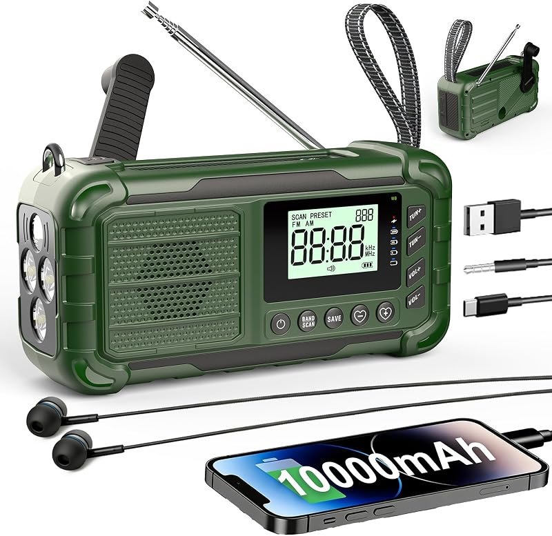 Emergency NOAA Weather Radio, 10000mAh, Solar Hand Crank Radio with AM/FM — emergency crank radio heavy duty for