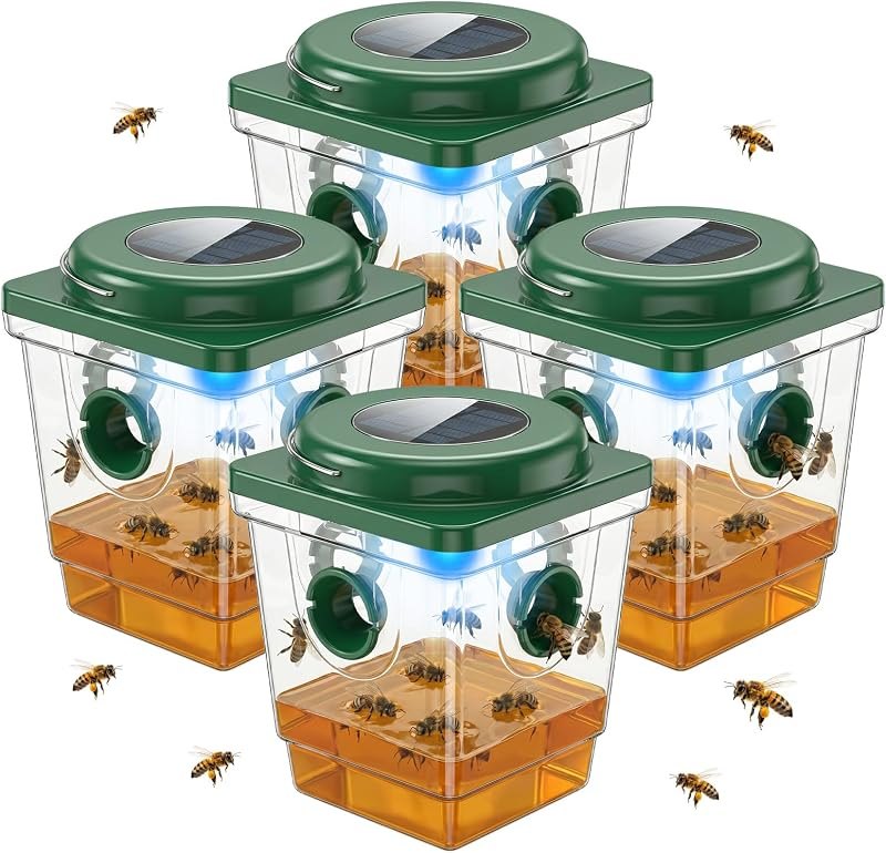 Solar Wasp Traps Outdoor Hanging, Reusable Yellow Jacket Traps with LED Light, Waterproof Hornet Trap & Wasp Catcher