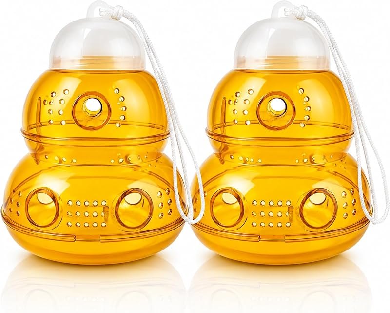 2 Pack Outdoor Hanging Wasp Trap with 6 Large Entry Holes & Multi-Vent Scent Diffusion Design, Reusable Hornet &