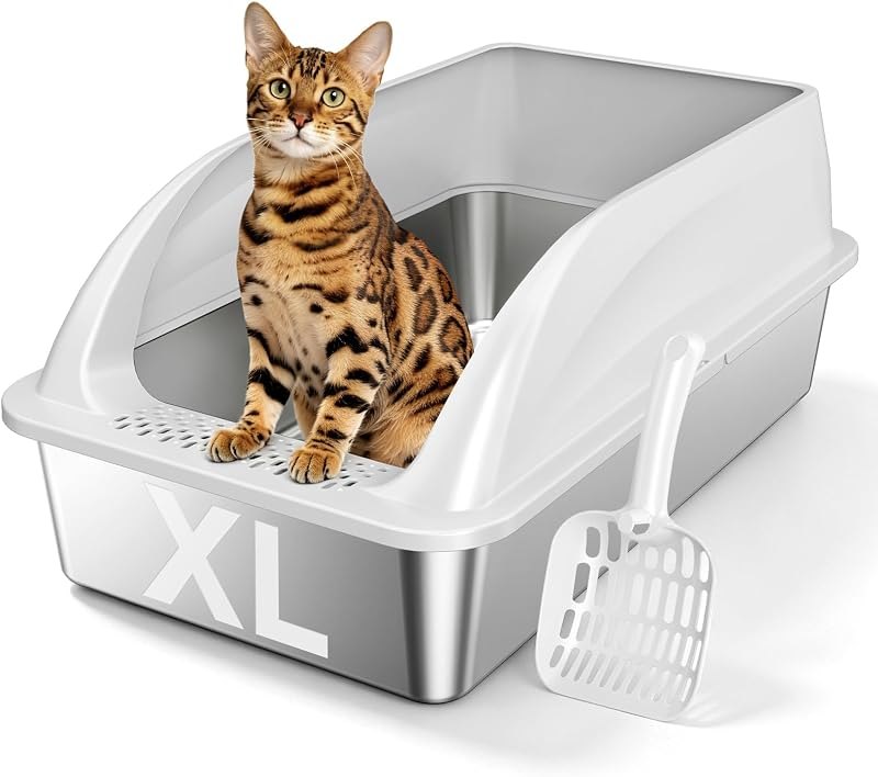 XL Open Top Stainless Steel Litter Box with High Sides,Light Gray — stainless for best cat litter box under 40
