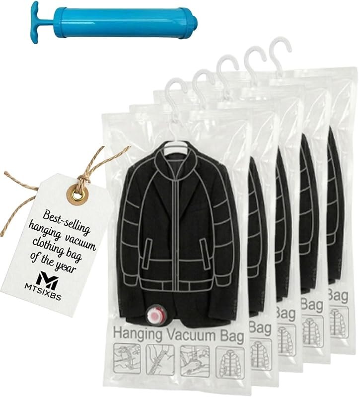 5 Pack Hanging Vacuum Storage Bags, Sealer Bags for Clothing Compression Suits and Jackets Travel and Home