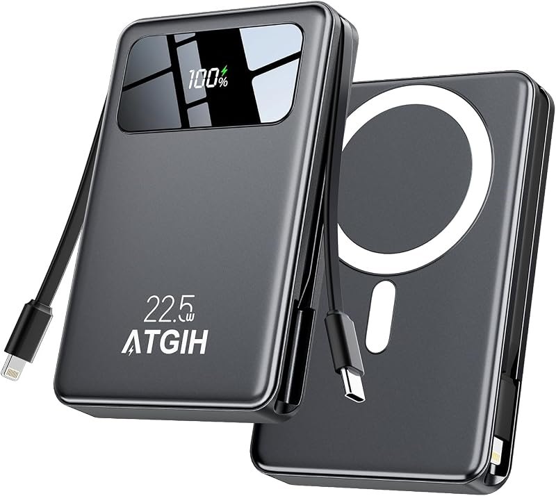 10000mAh Magnetic Wireless Power Bank, 5-in-1 Portable Charger with 2 Built-in Cables, 22.5W PD Fast Charging Magnetic