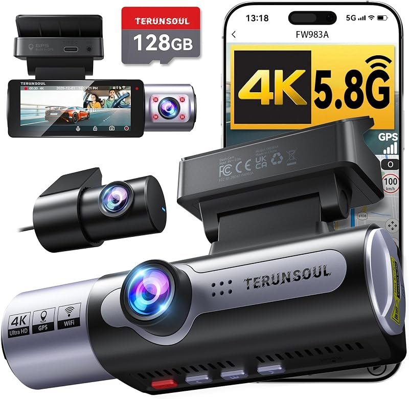 4K Dash Cam Front and Rear, Full HD 3 Channel Dashcam, Free 128GB Card — GPS for best dash cam best rated