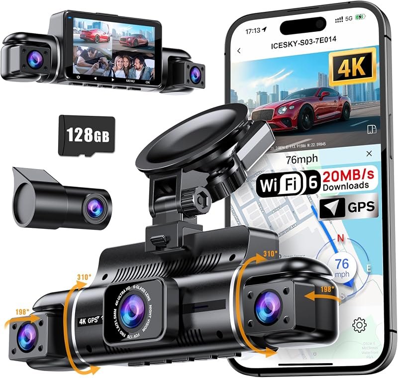 Icesky 4K Dash Cam Front and Rear Left Right with GPS, 20MB/s WiFi 6 — 4K for best dash cam best rated