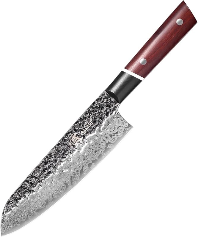 MITSUMOTO SAKARI 7.7 Inch Japanese Santoku Knife, 73-Layer Damascus Kitchen Knife with S440C Powder Steel Core