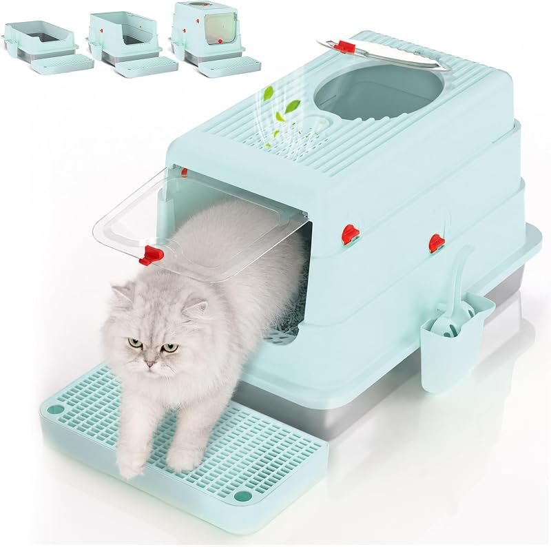 4-in-1 Stainless Steel Cat Litter Box with Lid and High Sides, Mint Pop — litter box for best cat litter box