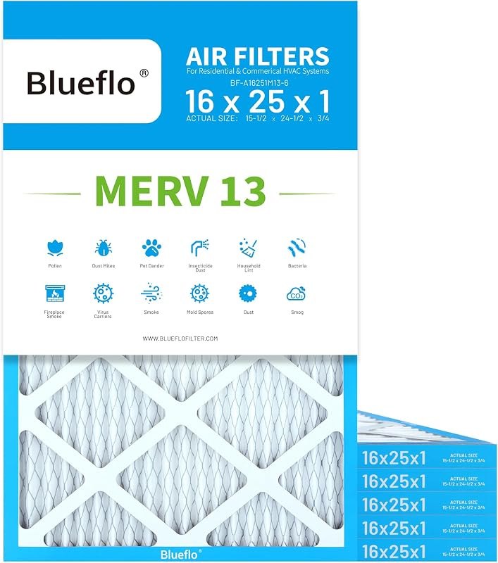 Air Filter MERV 13 (6-Pack) Electrostatic Pleated Air Conditioner HVAC AC Furnace Filters (16x25x1) — merv 13 filter