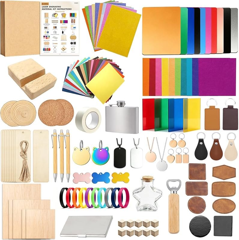 Ecoofor 148 PCS Laser Engraving Materials Kit, Mixed Laser Engraving Blanks Sample Pack with Acrylic, Metal, Wood