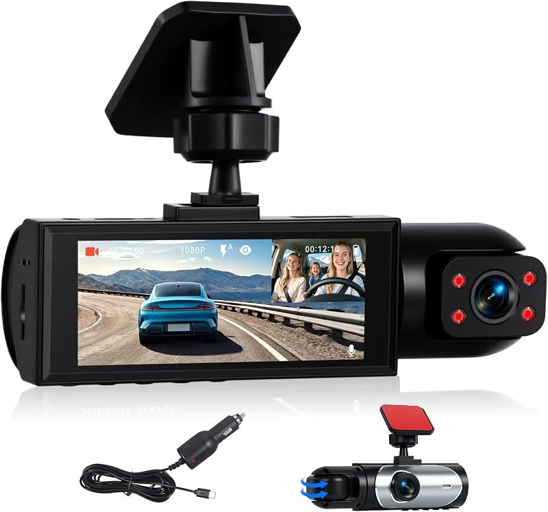 CAMECHO Dual Dash Cam Front and Inside, 1080P Dash Camera for Cars, 3.16 Inch Display, Night Vision, Loop Recording