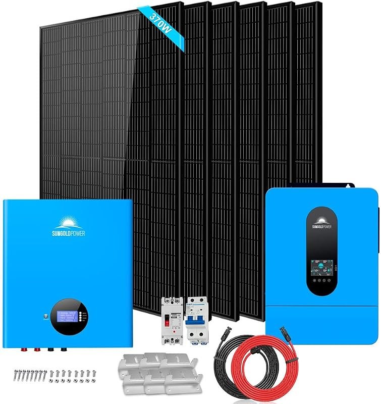 SUNGOLDPOWER 6500W Off Grid System Complete Solar Kit, 1 * 6500W 120/240Vac Solar Inverter UL1741+6 * 370W Mono Solar