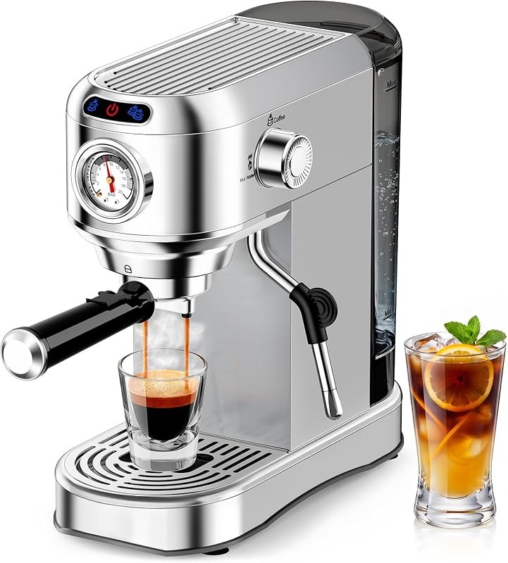 Espresso Machine 20 Bar, Compact Espresso Coffee Machine with Milk Frother, Stainless Steel Coffee Maker with 34oz