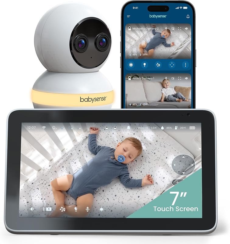 Babysense Touch 7" Touchscreen Smart WiFi Baby Monitor with App, Camera and Audio, Night Light, 4MP Dual-Lens with 6X