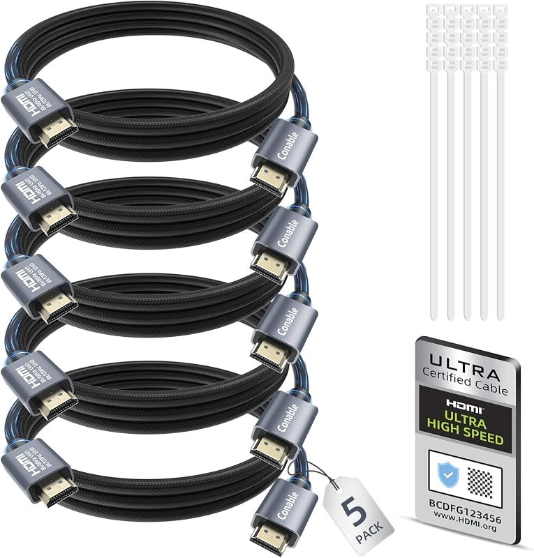 8K HDMI 2.1 Cable 1.5FT (5-Pack), Certified 48Gbps Ultra High Speed HDMI Cable, 10K 8K@60Hz, 4K@120Hz, HDCP 2.2&2.3