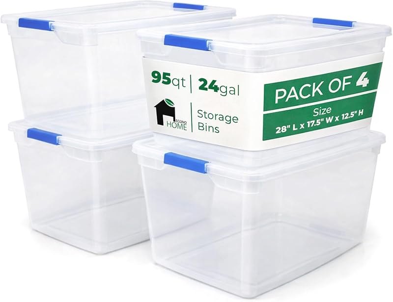 EconoHome Clear 95qt Storage Box - Heavy-Duty Tote for Organizing at Home, Office, or Garage - 24 Gallon Clear Plastic