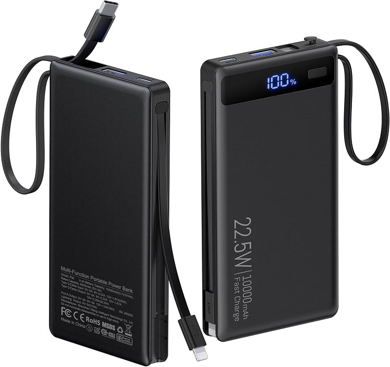 10000mAh Power Bank Built-in 2 Cables,40% Slimmer 22.5W PD Portable Charger — built-in cable for best power bank under