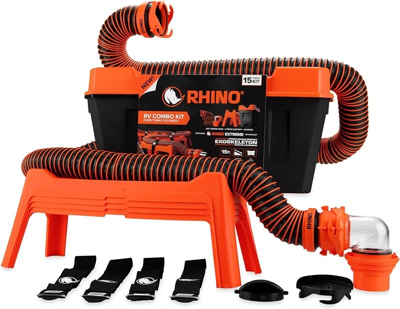 Camco RhinoEXTREME 15' Combo RV Sewer Hose Kit - All-in-One Sewer Hose Solution - 12-Piece Combo Kit Includes Storage