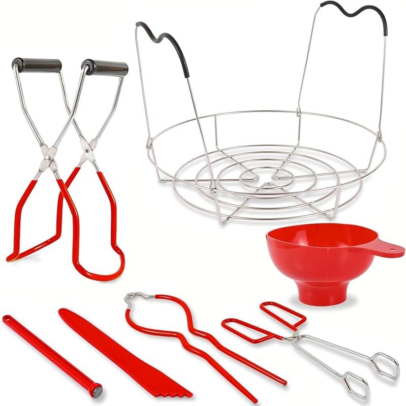 7 Pieces Canning Supplies Kit, Red — Lids, funnels, and canner racks. ref for lids funnels canner racks