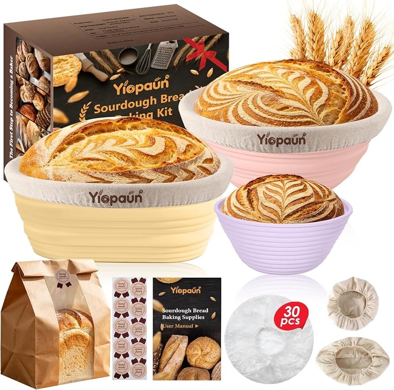 Banneton Bread Proofing Basket, 3 Bread Baskets with Liner & Cover — Mats, bannetons, and oven thermomete for mats