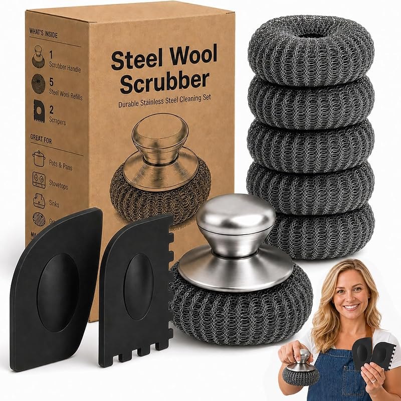 Steel Wool Scrubber with Handle & 5 Refills, 8-Piece Cast Iron Scrubber Kit with 2 Pan Scrapers, Heavy Duty Stainless