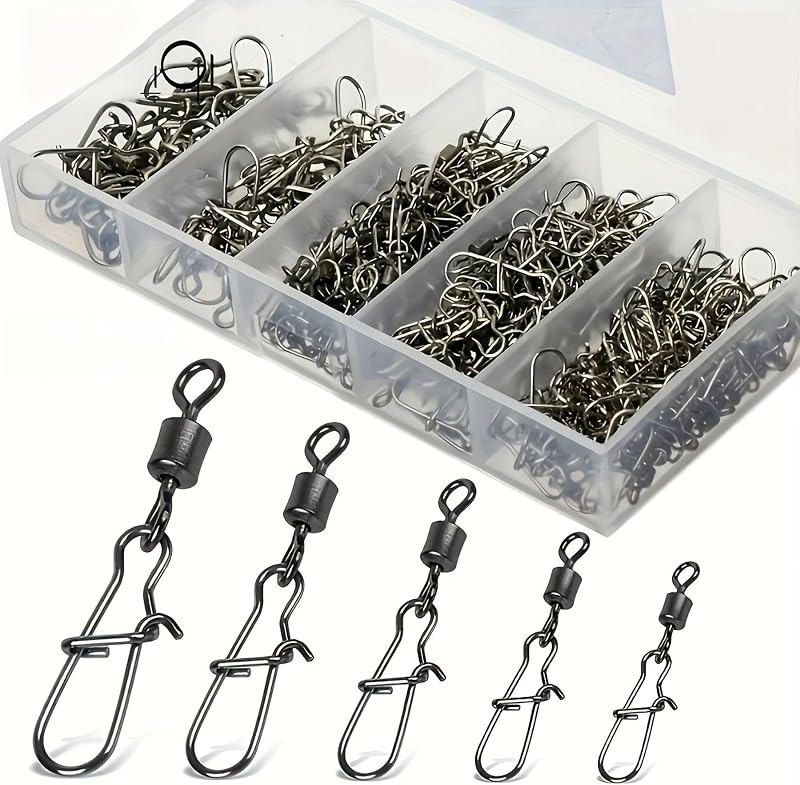 50PCS Fishing Swivels with Snap Connectors, Stainless Steel Black Nickel Fishing Snap Swivels, 4#-12# Multi-Size