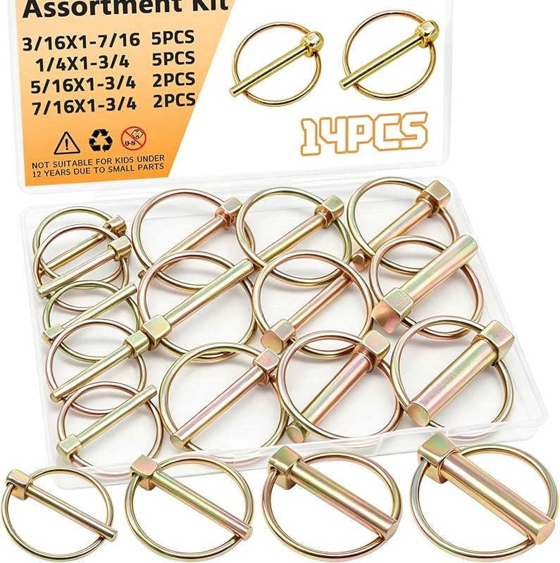14PCS 4Sizes Lynch Pin 3 Point Hitch Pins, 3/16X1-7/16, 1/4X1-3/4, 5/16X1-3/4, 7/16X1-3/4 Trailer Pins Assortment Kit