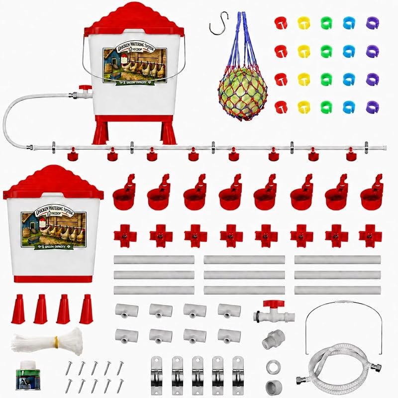 Chicken Watering System, Complete Set Pipeline 5 Gallon Automatic Chicken Waterer with 8 Cups and 8 Nipples, Poultry