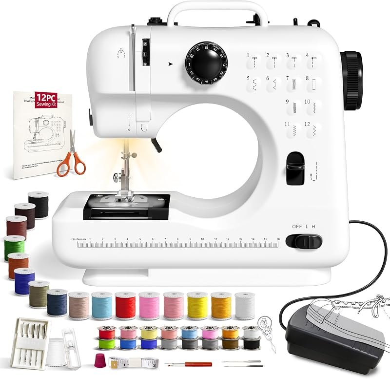 12 Built-in Stitches, Foot Pedal Sewing Machine, Beginner-Friendly, 2-Speed Control, Portable Mini for Home & Travel