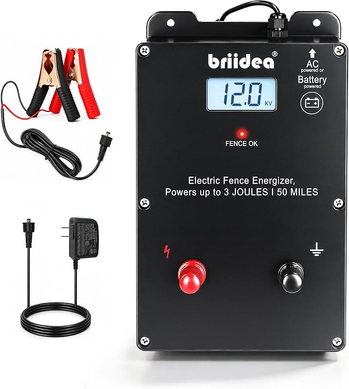 Briidea Electric Fence Energizer, 12KV 3J 50-Mile Fence Charger — electric-fence-charger-kit for electric fence