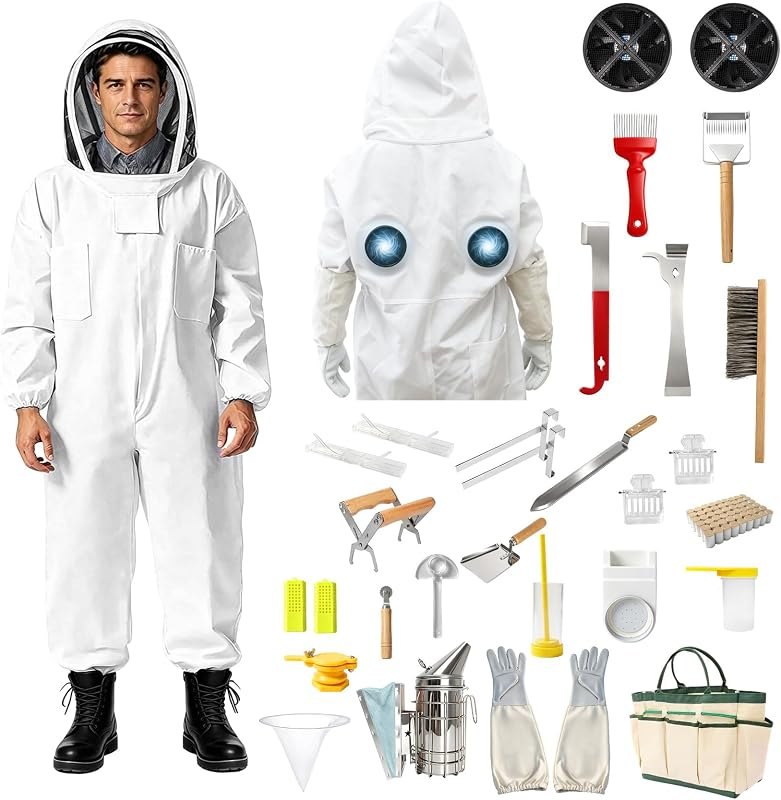 Full Body Bee Suits with USB Fan, Beekeeping Kit with Smoker & Gloves (XL) — best Hive tools and suits that zip. for